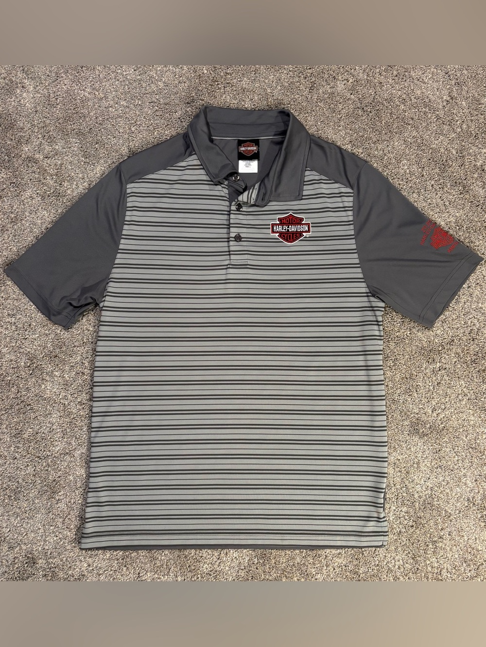 Harley-Davidson Men’s Gray Striped Golf Polo Logo Ames Iowa Sz Large Summer